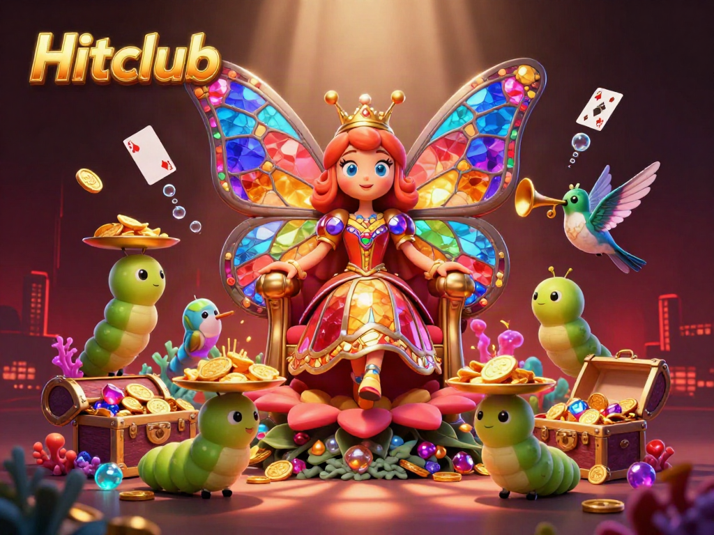 Experience the vibrant excitement of Hitclub with a 3D butterfly queen and treasures in a mesmerizing casino scene.
