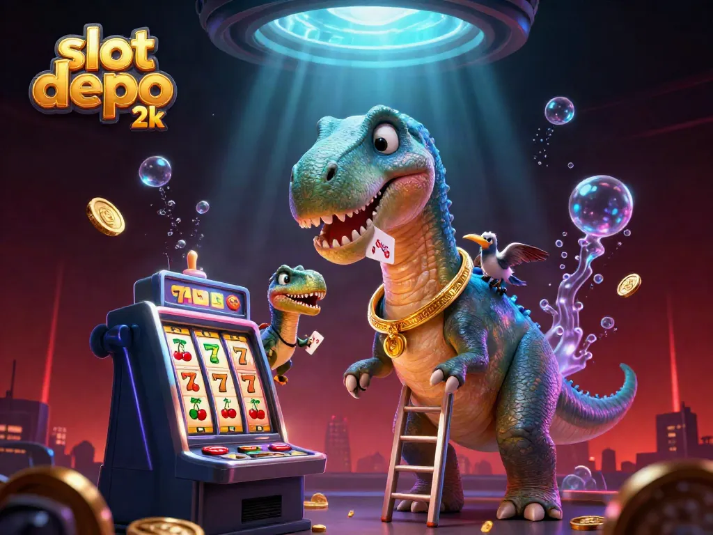 Spin the reels with the playful slot depo 2k characters in a vibrant casino scene filled with lucky symbols.