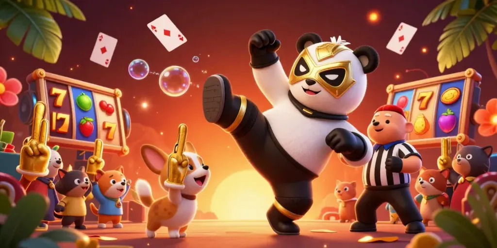 Gamer panda melakukan terbang di atas slot gacor seru, disaksikan para hewan.