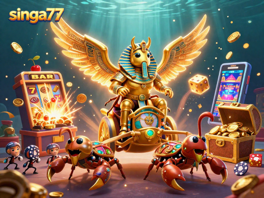 Singa77’s vibrant 3D casino scene showcases a golden scarab beetle and jackpot elements.