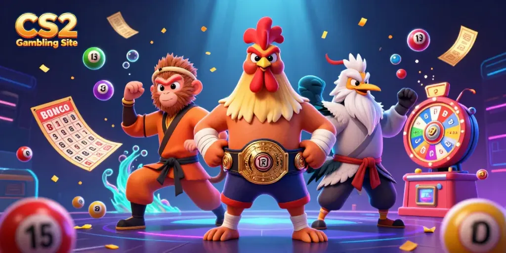 Dynamic scene of Muay Thai rooster and Shaolin monkey at a CS2 Gambling Site with colorful lottery elements.