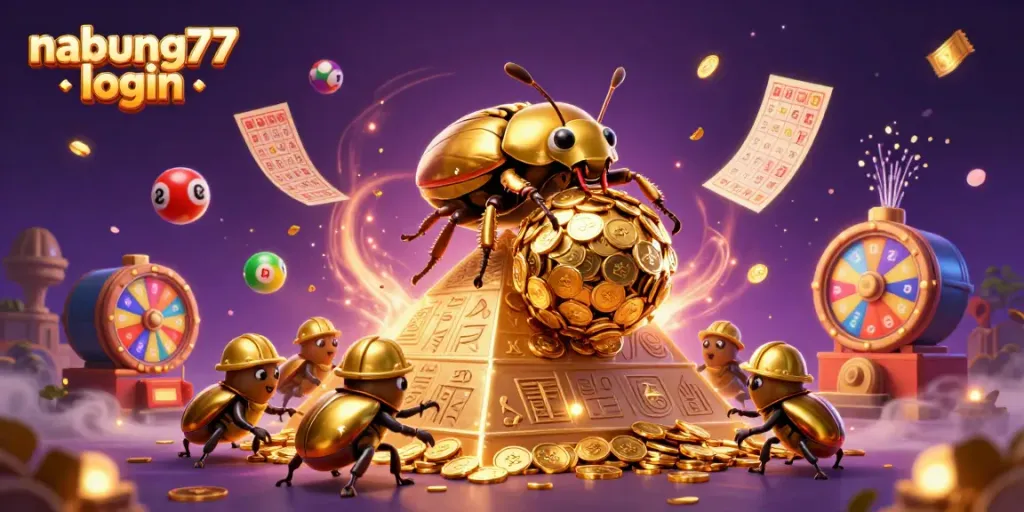 Experience thrilling gameplay with nabung77 login, featuring vibrant lottery symbols and fun casino elements in dynamic illustration.