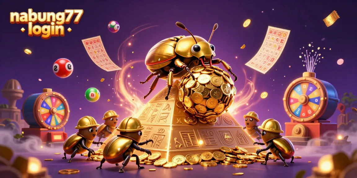 Experience thrilling gameplay with nabung77 login, featuring vibrant lottery symbols and fun casino elements in dynamic illustration.