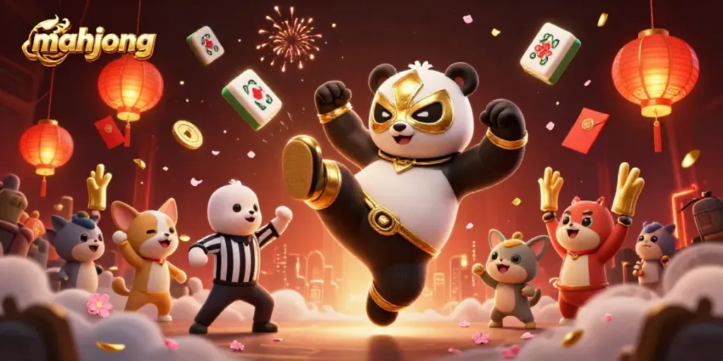 Ubin Mahjong terbang di sekitar panda pegulat, menunjukkan kegembiraan permainan curang yang menggugah.