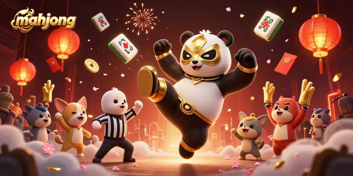 Ubin Mahjong terbang di sekitar panda pegulat, menunjukkan kegembiraan permainan curang yang menggugah.