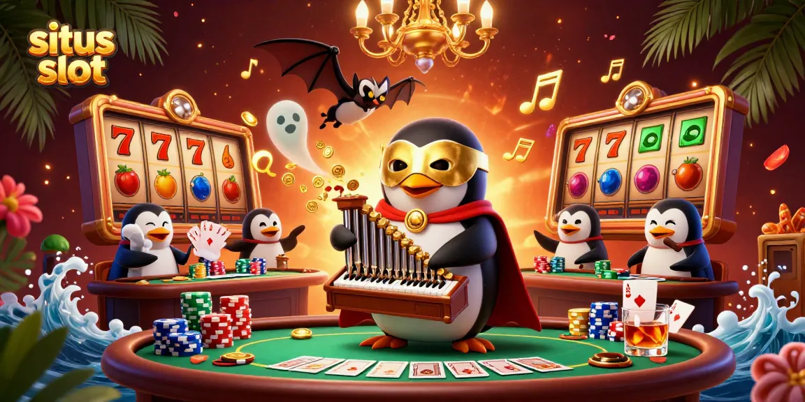 Permainan situs slot dengan karakter penguin dan bat di latar belakang kasino yang memikat.