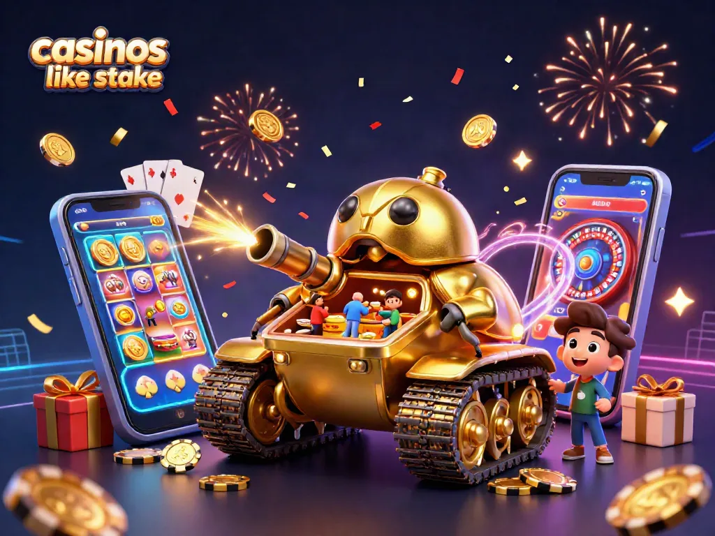 Experience excitement at casinos like stake with a vibrant 3D casino scene filled with games and rewards.