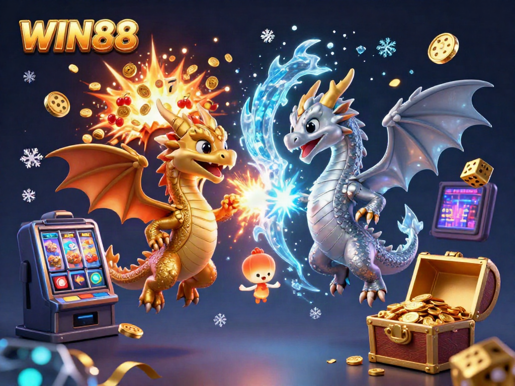 WIN88 showcases a vibrant casino scene with dragons, slots, and golden treasure elements.