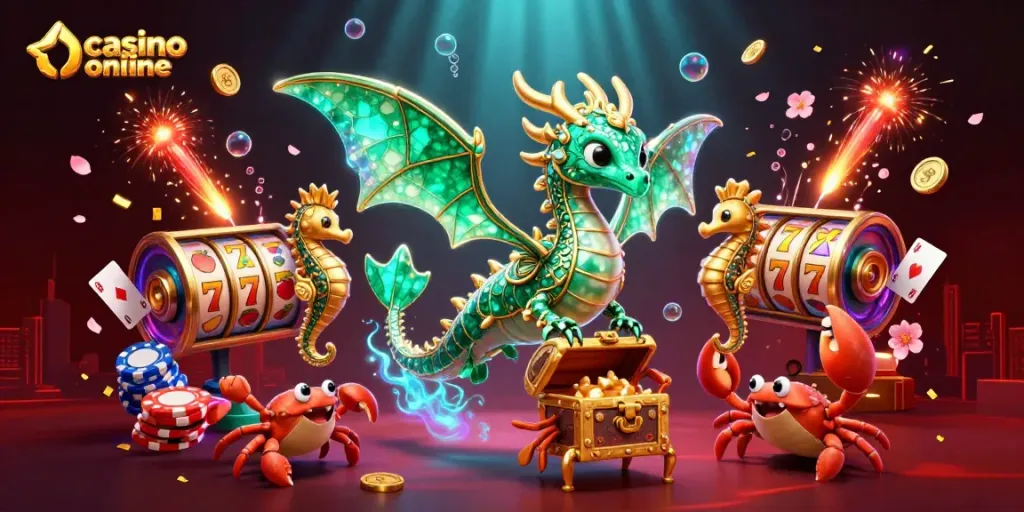 Permainan casino online dengan naga laut 3D dan elemen judi yang berkilauan.