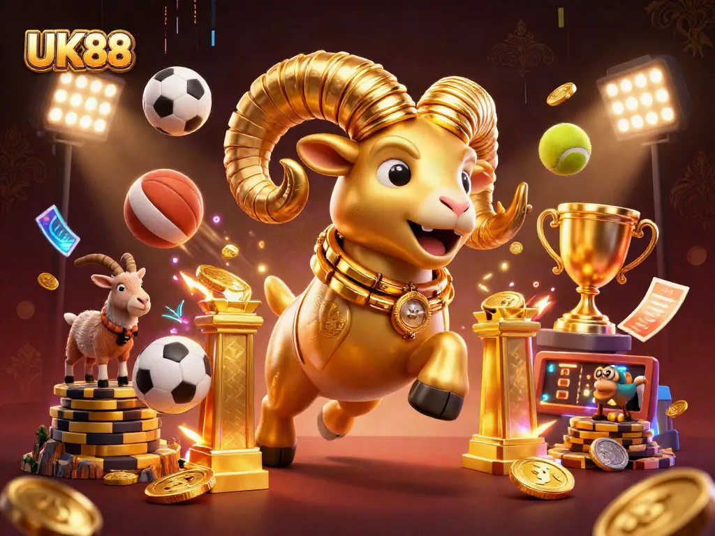 UK88 features a golden ram charging through a dynamic casino scene filled with sports elements, representing excitement and betting.