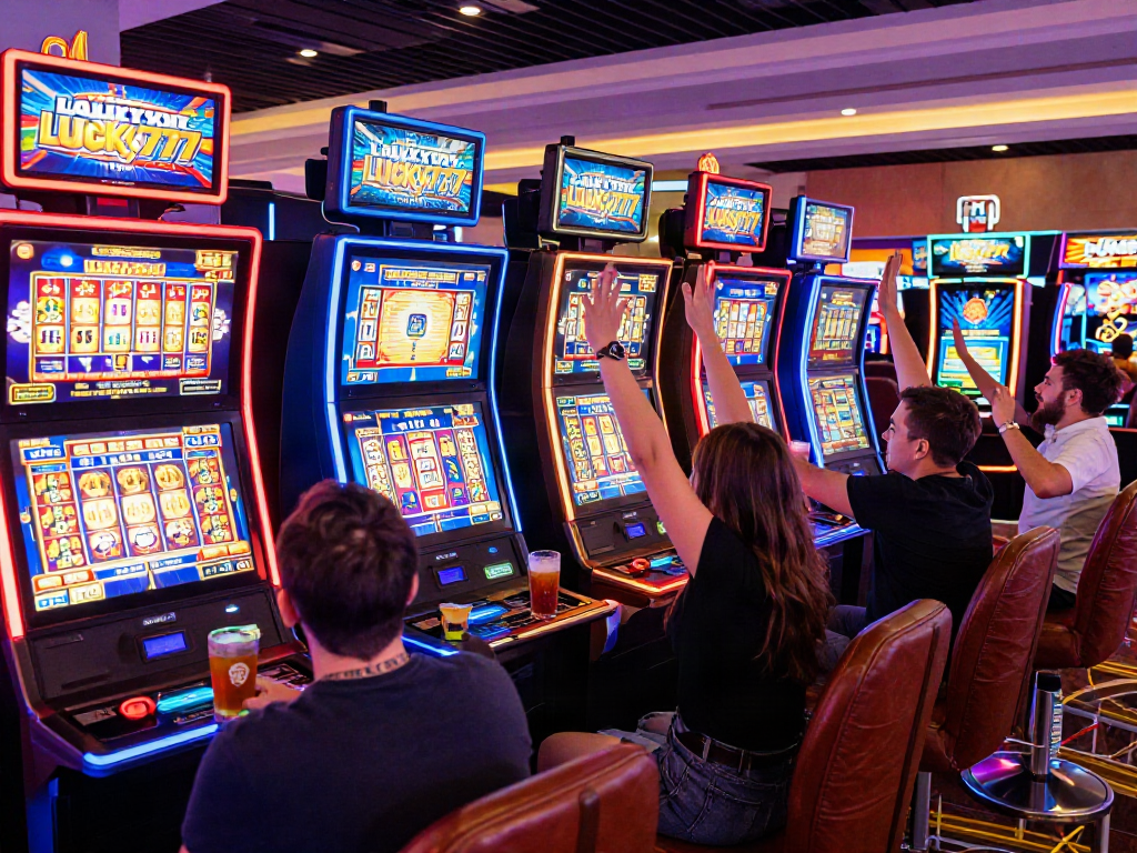 Lucky777 casino gaming scene with players enjoying vibrant slot machines.