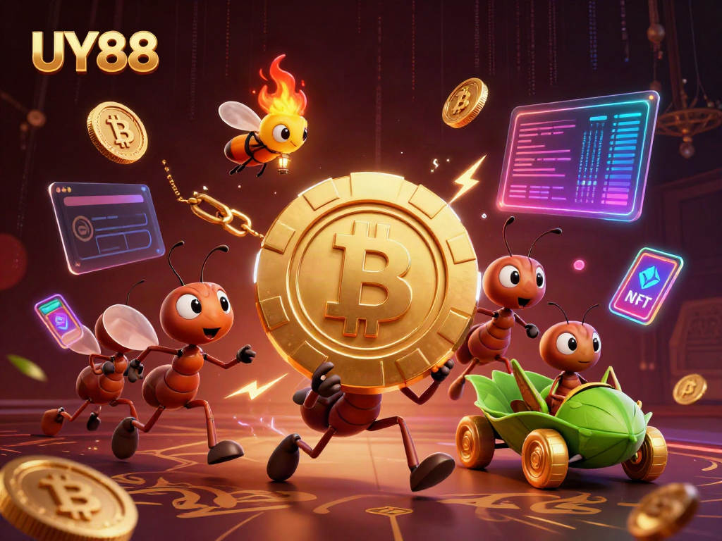 A team of cartoon ants stealthily transporting a massive poker chip for UY88, revealing a dynamic casino heist scene.