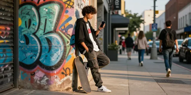 Engaging street scene with stylish individual showcasing urban fashion, peh888.