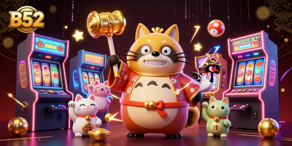 Experience B52's enchanting slots with a cheerful tanuki and vibrant game elements sparking joy