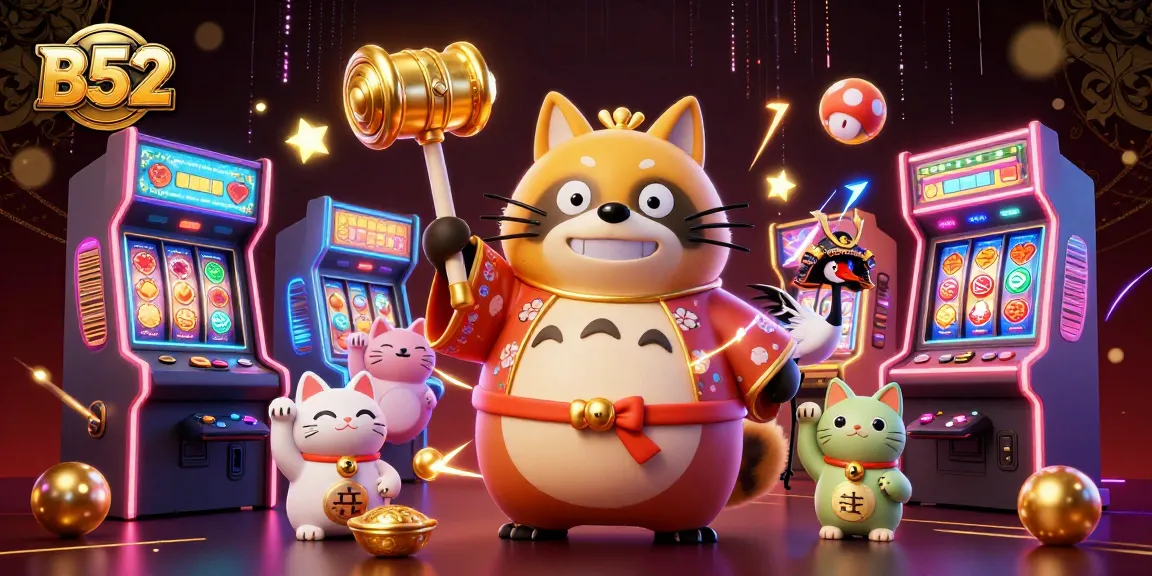 Experience B52's enchanting slots with a cheerful tanuki and vibrant game elements sparking joy