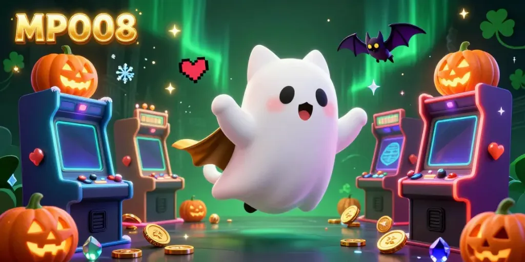 Engage with MPO08 in a vibrant, spooky casino scene featuring a friendly ghost cat and glowing game elements.