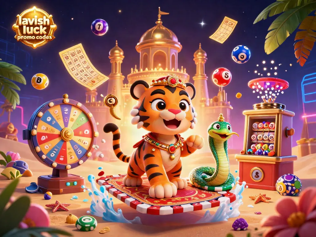 Engage with lavish luck promo codes through an enchanting casino scene filled with vibrant game elements.