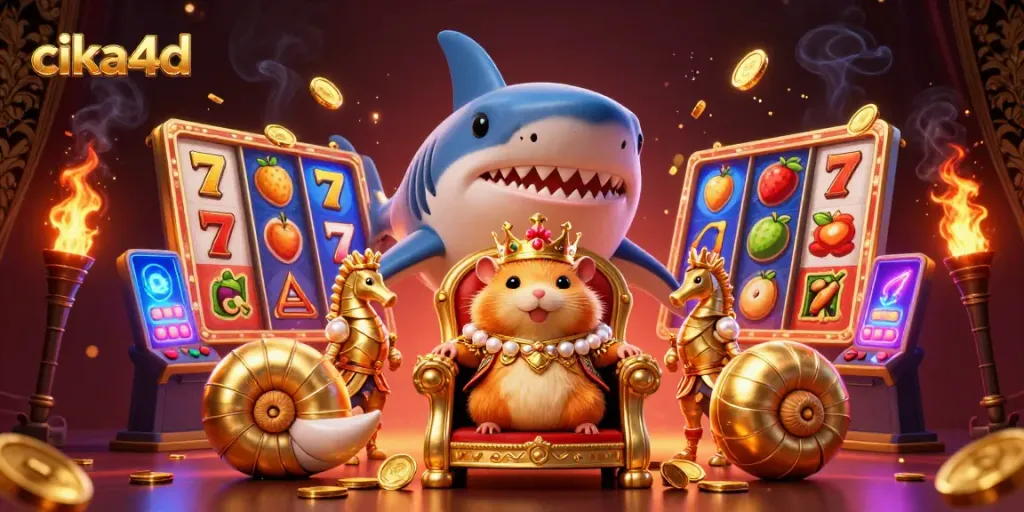 Cika4d showcases an exciting casino scene featuring a golden hamster king and slot machine elements.