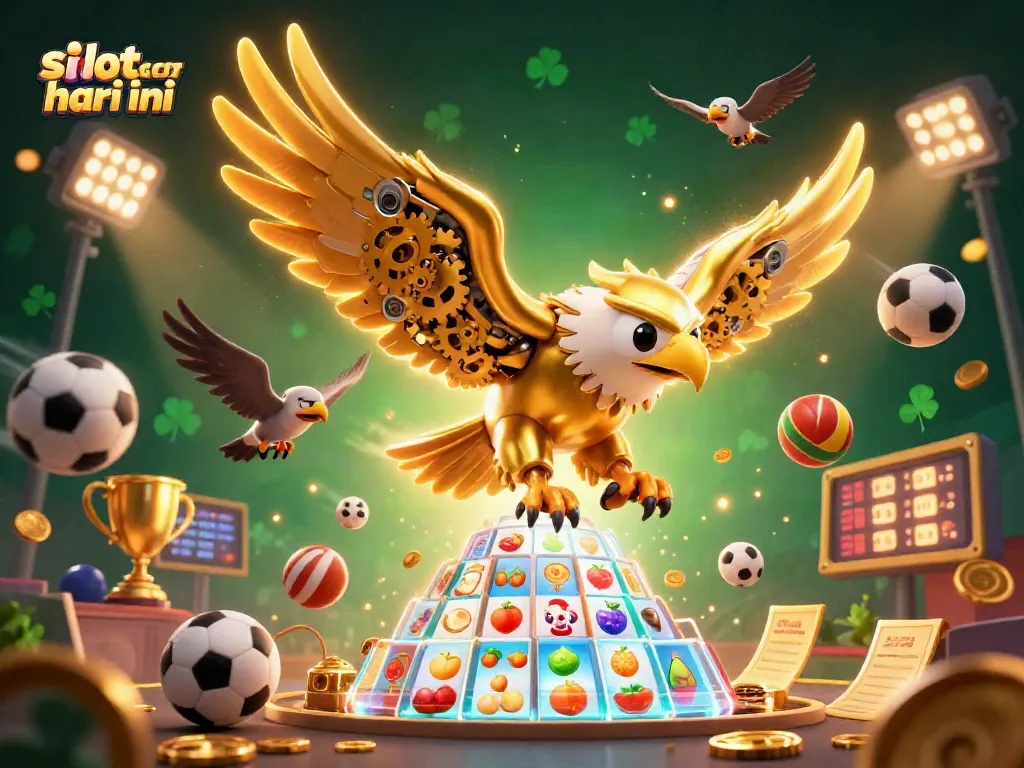 Menang besar di slot gacor hari ini dengan simbol mesin slot yang berkilau dan karakter menarik.