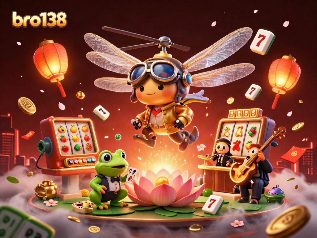 Experience gaming excitement at bro138 with vibrant casino scene featuring a dragonfly pilot and frog croupier.