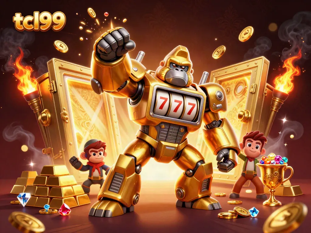 TCL99 arcade game fusion with a golden gorilla mech, spinning slot reels, and treasure effects.