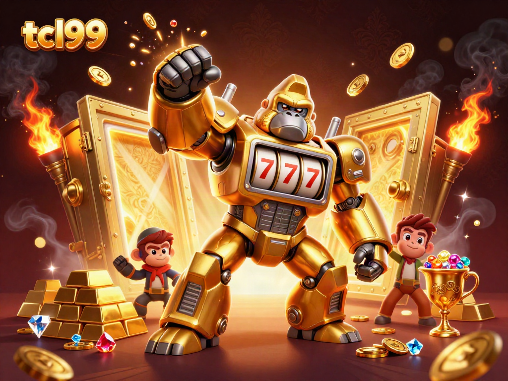 TCL99 arcade game fusion with a golden gorilla mech, spinning slot reels, and treasure effects.