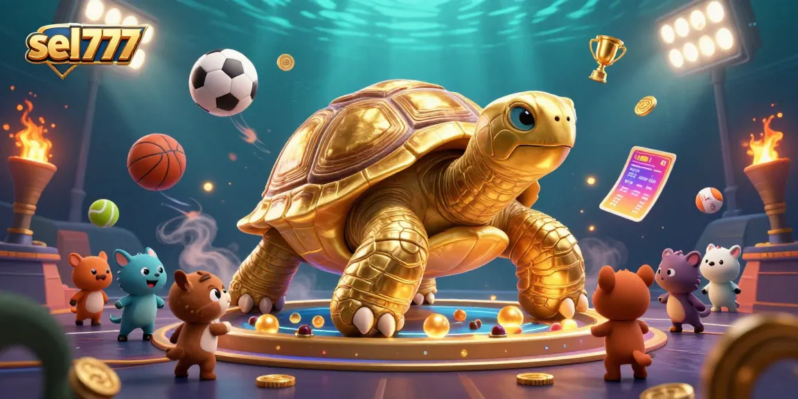Experience the thrill of gaming at sel777, featuring a colossal tortoise pinball machine amidst vibrant sports elements.