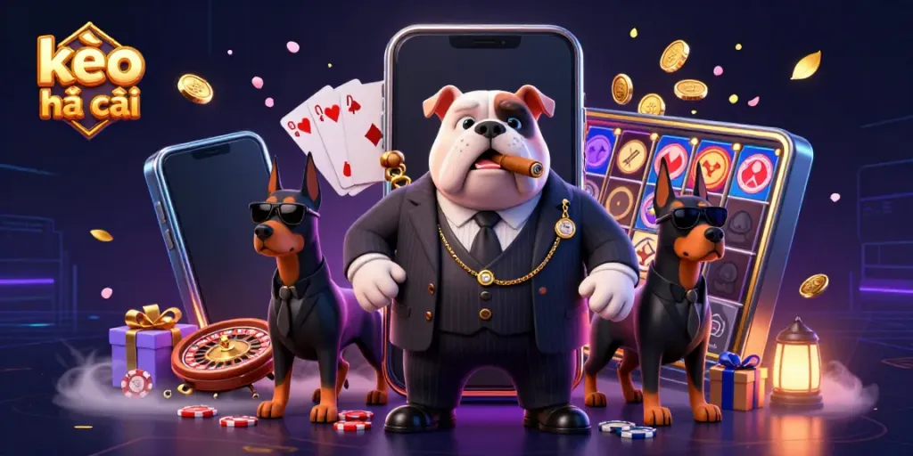 Engage with kèo nhà cái through a dynamic illustration featuring a cartoon mafia dog and casino elements.