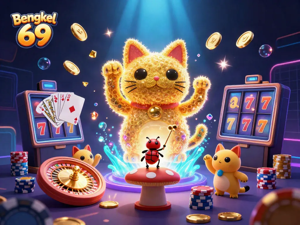 Spin winning slots at Bengkel 69 with a lucky cat and exciting casino ambiance.