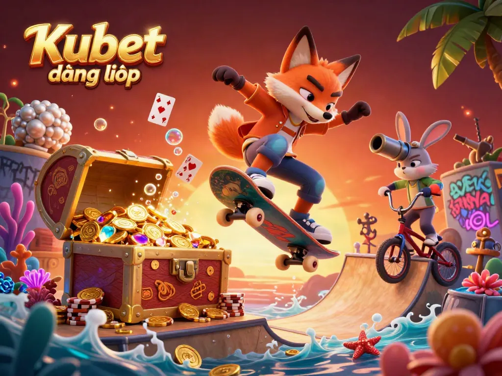 Kubet đăng nhập captures a thrilling scene with a fox skateboarder and BMX rabbit in a vibrant casino-inspired setting.
