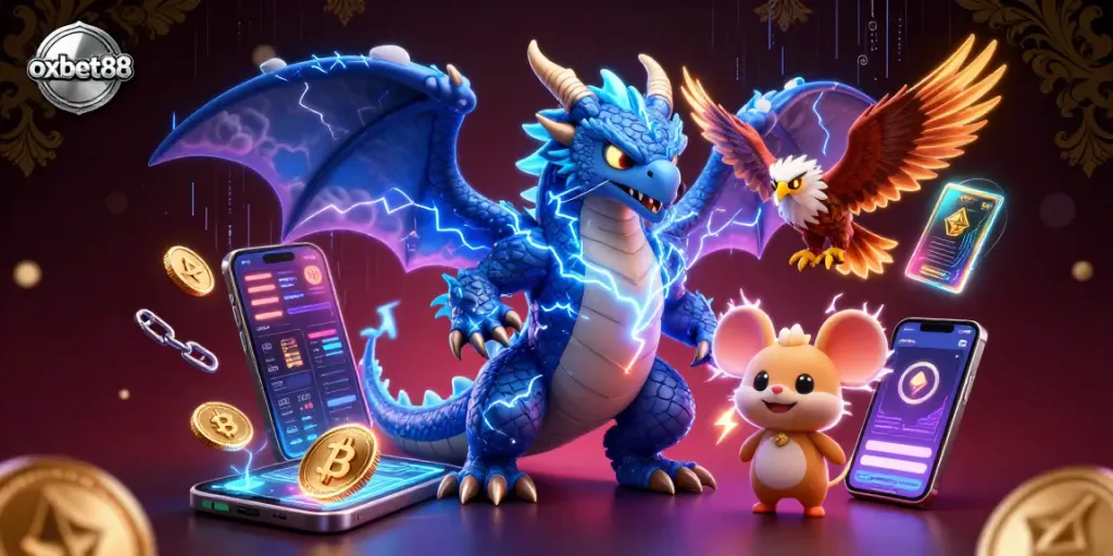 Engage with exciting games and bonuses at oxbet88 with vibrant 3D dragon and crypto elements.
