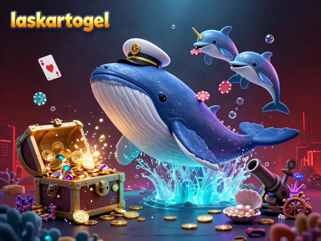 Engage in the dynamic Laskartogel experience with vibrant whales and poker chips amidst shimmering treasures.
