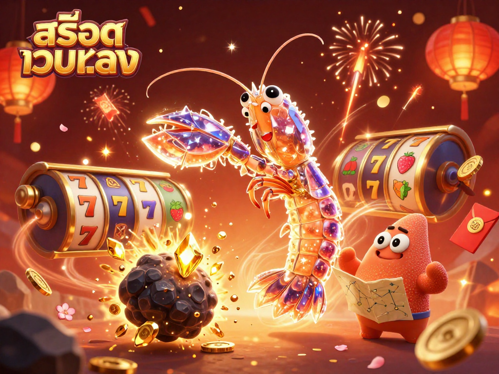 Experience the excitement of สล็อตเว็บตรง with our vibrant 3D casino scene featuring lucky symbols and dynamic characters.