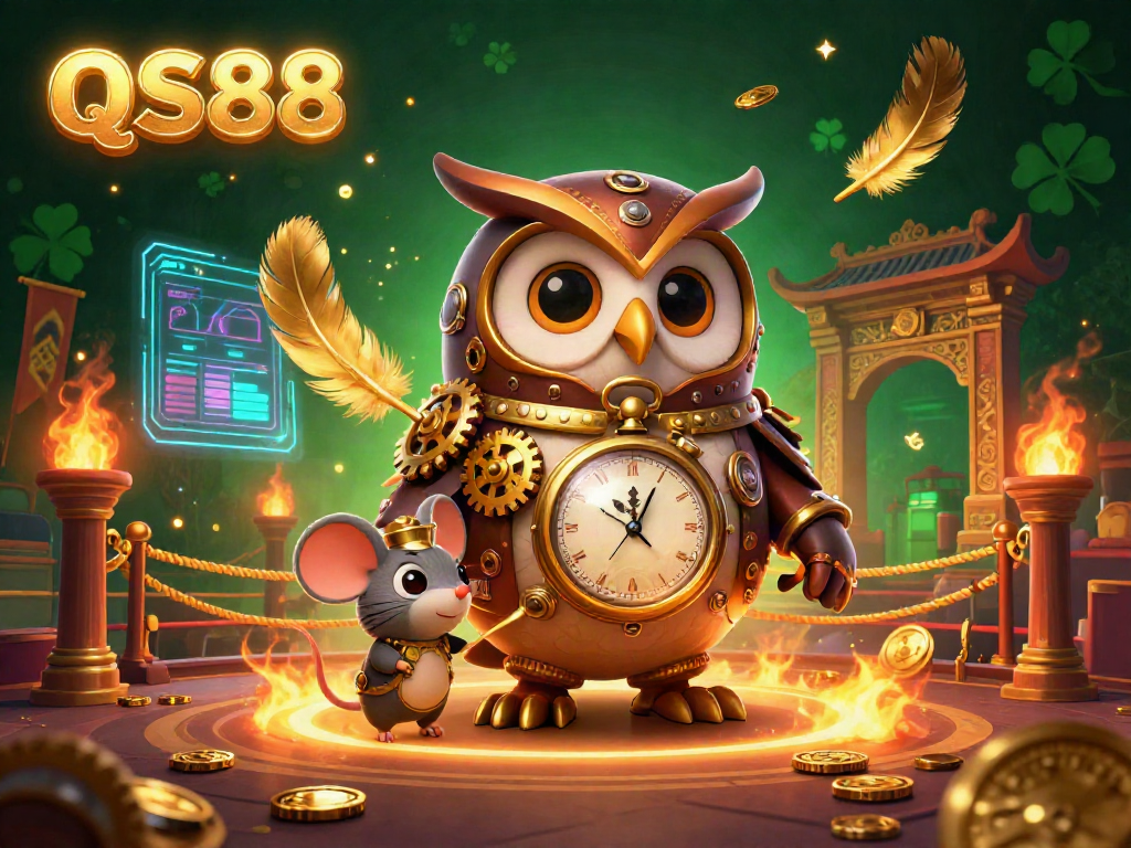 Experience thrilling gameplay at QS88 with a dynamic casino scene featuring time-travelers and vibrant visuals.