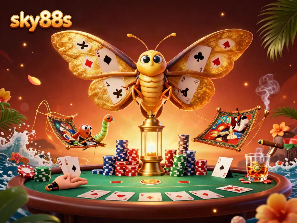 Engage with thrilling games at sky88s, featuring a vibrant casino scene with an atlas moth and poker elements.