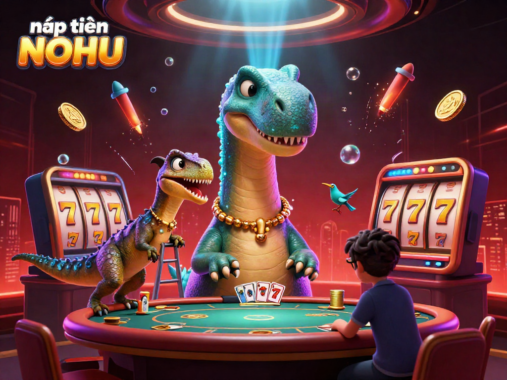Experience nạp tiền NOHU with vibrant, engaging 3D casino illustration featuring a tall brontosaurus and dynamic gaming elements.