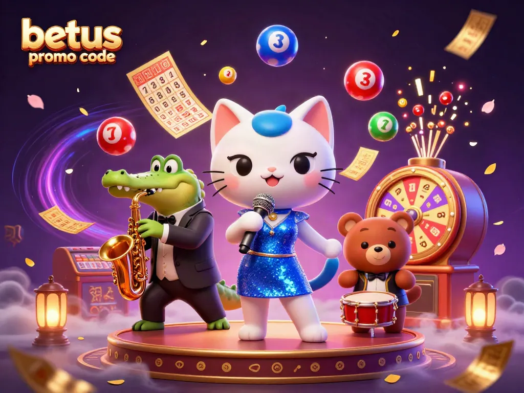 Experience the thrill with the betus promo code as vibrant lottery elements and characters pop in a lively casino setting.