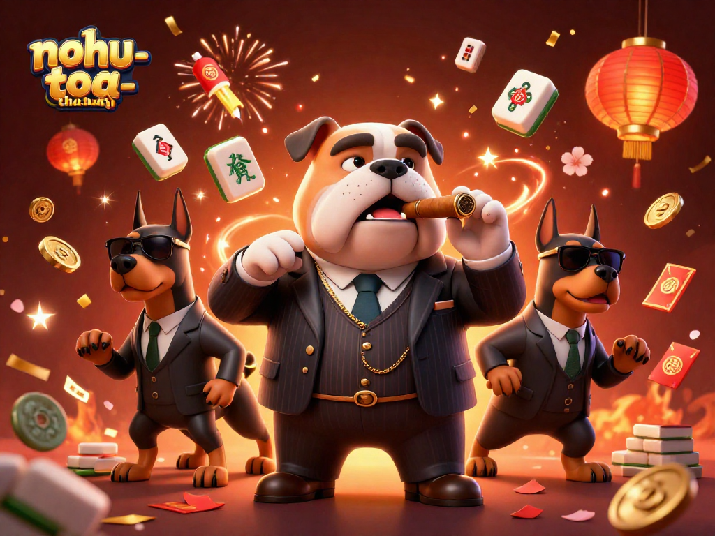 Win big with nohu-toa-thap in a vibrant 3D casino-themed illustration featuring a bulldog and Doberman gamblers