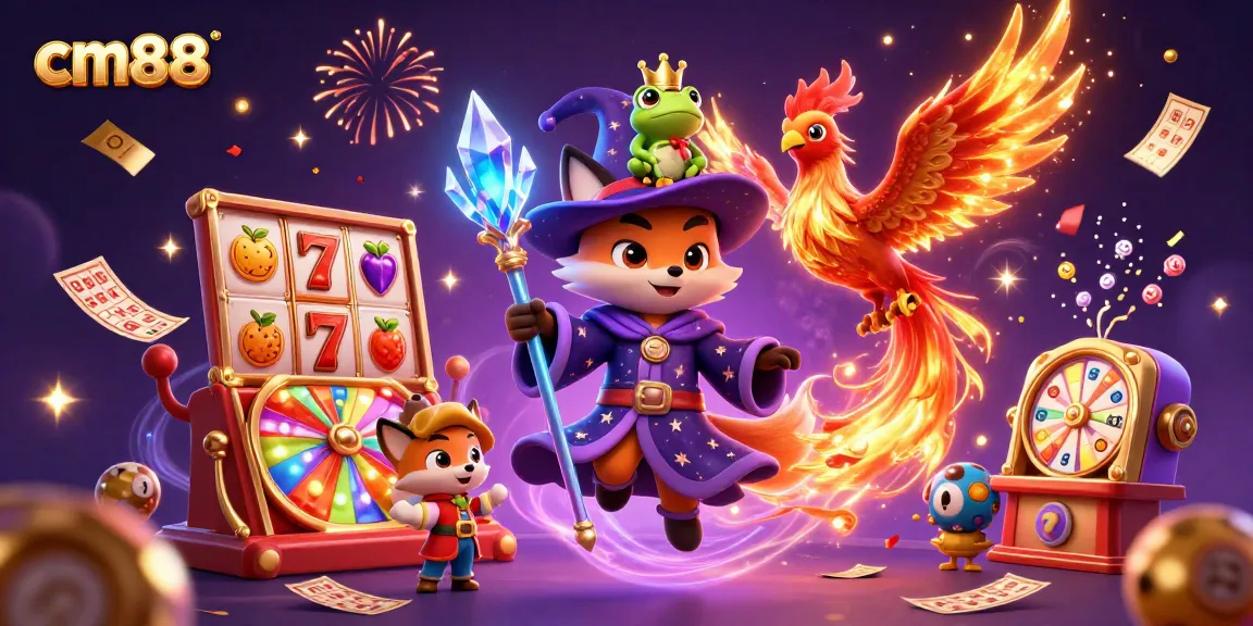 Experience the excitement of cm88 with a vibrant scene featuring games and mystical characters.