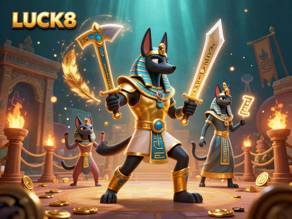 Engage with LUCK8 through an exhilarating Egyptian-themed online casino world filled with vibrant characters and elements.