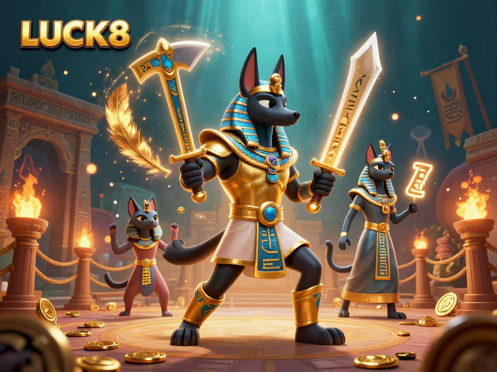 Engage with LUCK8 through an exhilarating Egyptian-themed online casino world filled with vibrant characters and elements.