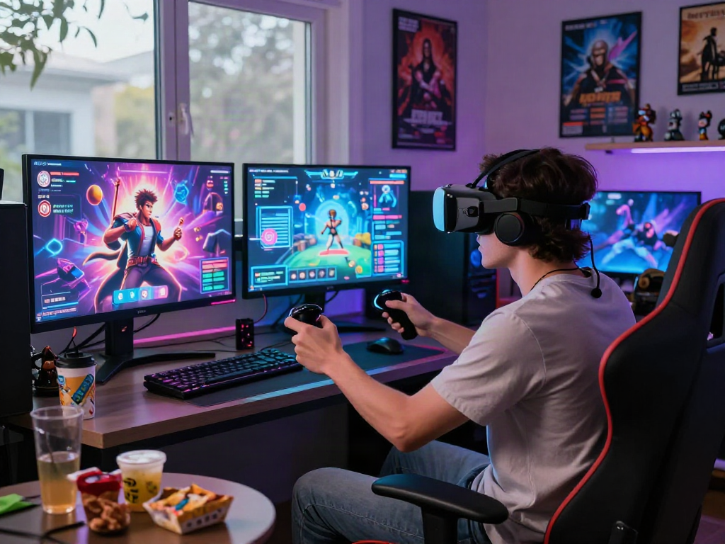 Engaging player exploring a porn game in a vibrant VR setup