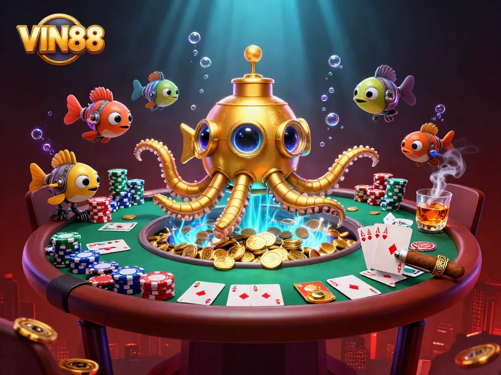 Spin the reels with VIN88, featuring vibrant underwater gambling elements and a dynamic casino scene.