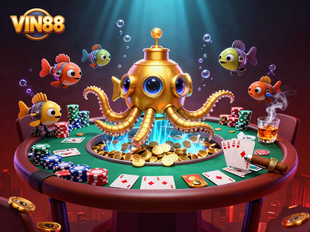 Spin the reels with VIN88, featuring vibrant underwater gambling elements and a dynamic casino scene.