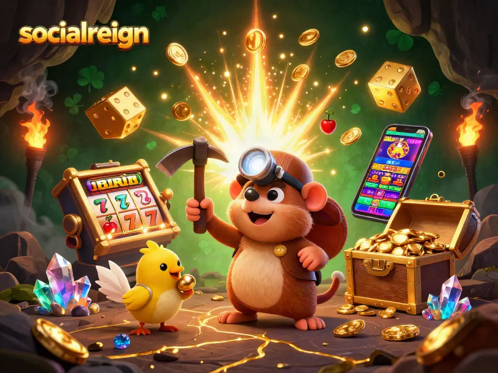 Engage in socialreign's thrilling gaming experience with vibrant slot machines and treasure elements.