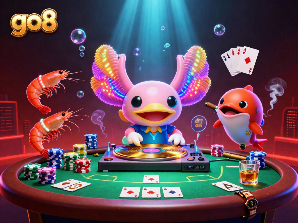 Experience the excitement of go8 in this vibrant 3D casino scene featuring a DJ axolotl and poker elements.