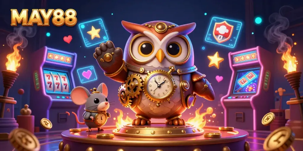 MAY88 slots scene illustrating vibrant casino action with a time-traveling owl and cosmic elements.