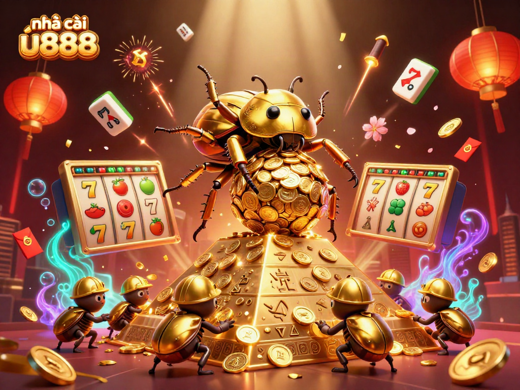 Engage with nhà cái u888's vibrant gaming world featuring a golden beetle and slot elements.