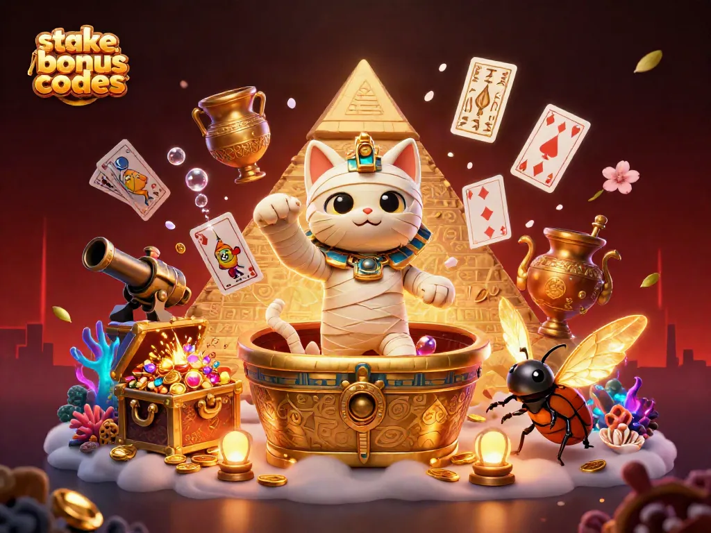 Engage with stake us bonus codes through golden sarcophagus in a vibrant casino scene.