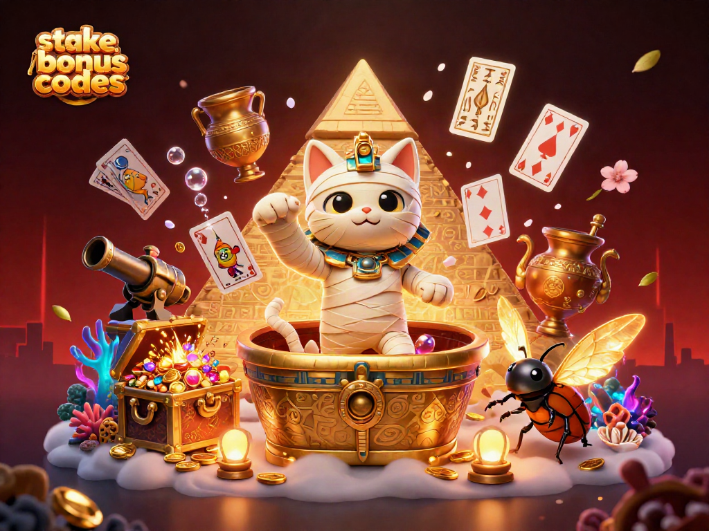Engage with stake us bonus codes through golden sarcophagus in a vibrant casino scene.
